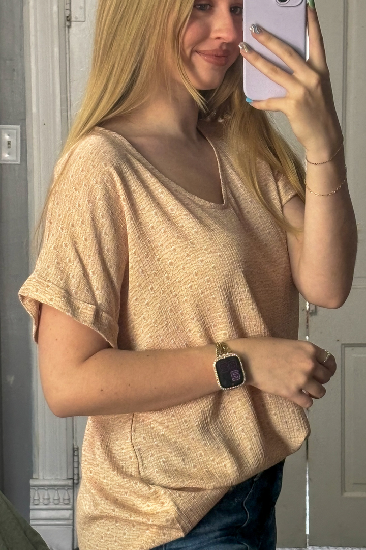 Lightweight, Breathable, Cotton Bleu Print V-neck short cap sleeve top. Long length perfect for leggings. Great for all seasons.