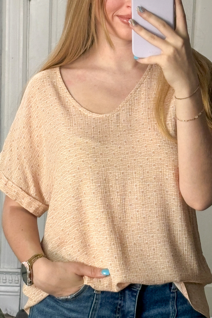 Lightweight, Breathable, Cotton Bleu Print V-neck short cap sleeve top. Long length perfect for leggings. Great for all seasons.