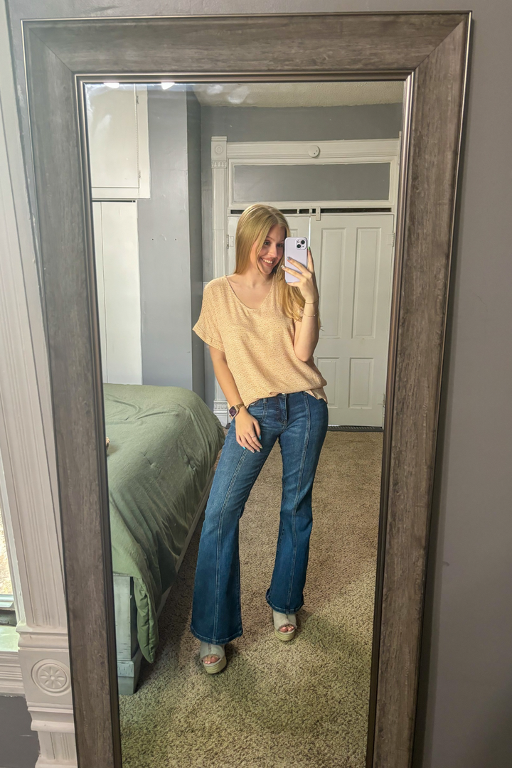 Lightweight, Breathable, Cotton Bleu Print V-neck short cap sleeve top. Long length perfect for leggings. Great for all seasons.