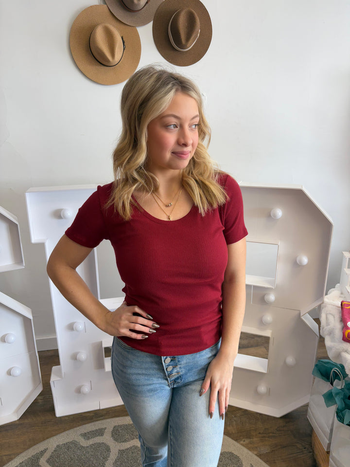 Scoop Neck Rib short sleeve active basic top. Fitted stretchable fabric perfect for layering and all seasons.