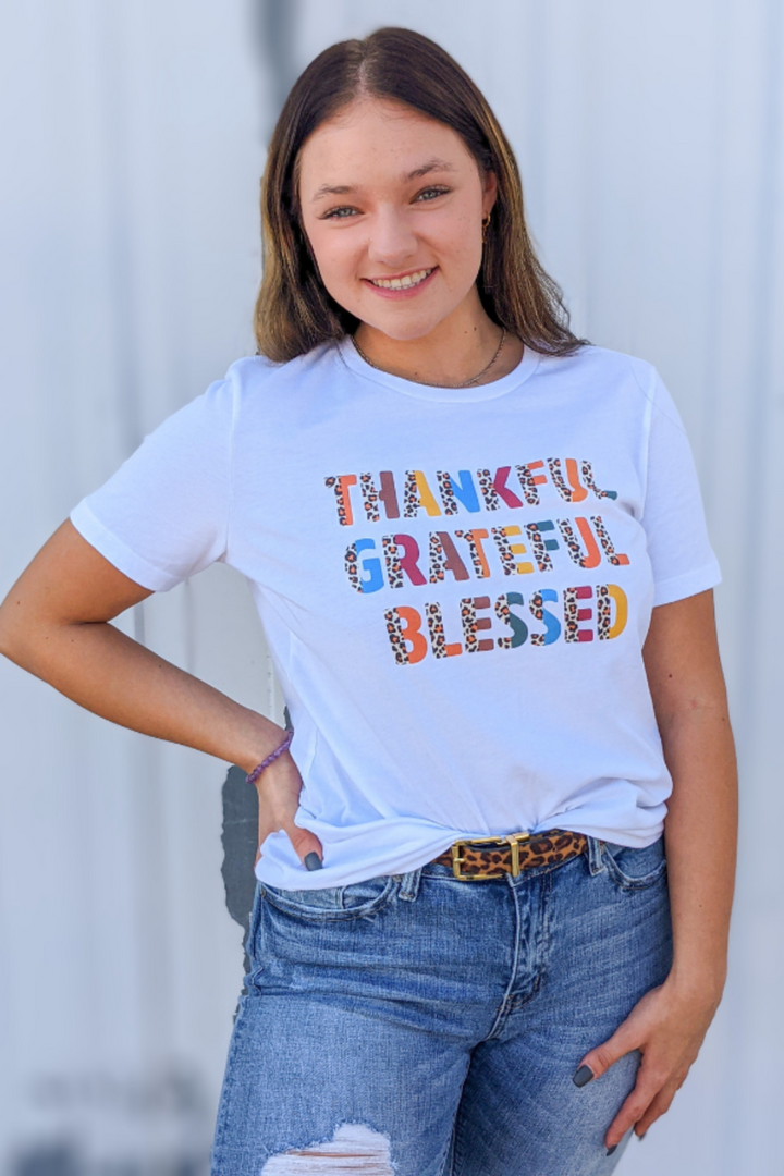 Thankful Grateful Blessed Graphic Tee - White