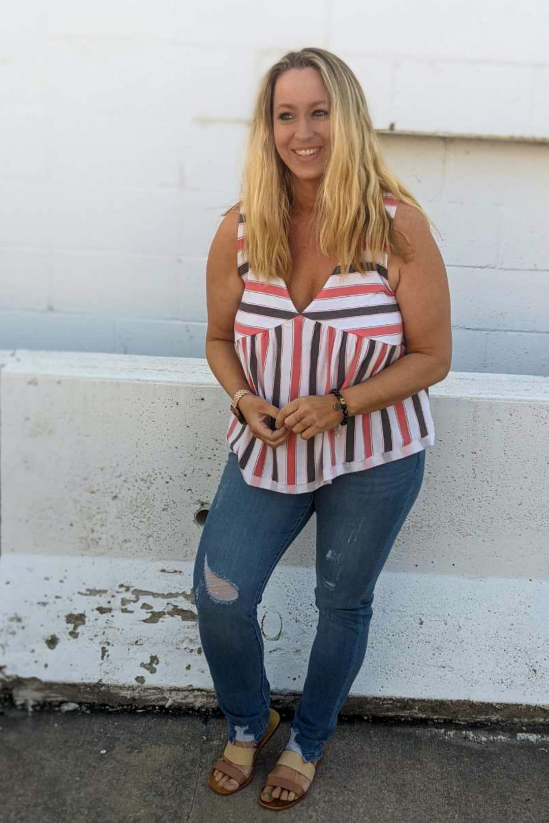 Red, White & Gray Striped V-neck Babydoll Sleeveless Tank. Soft fabric and long length perfect for Spring & Summer. 