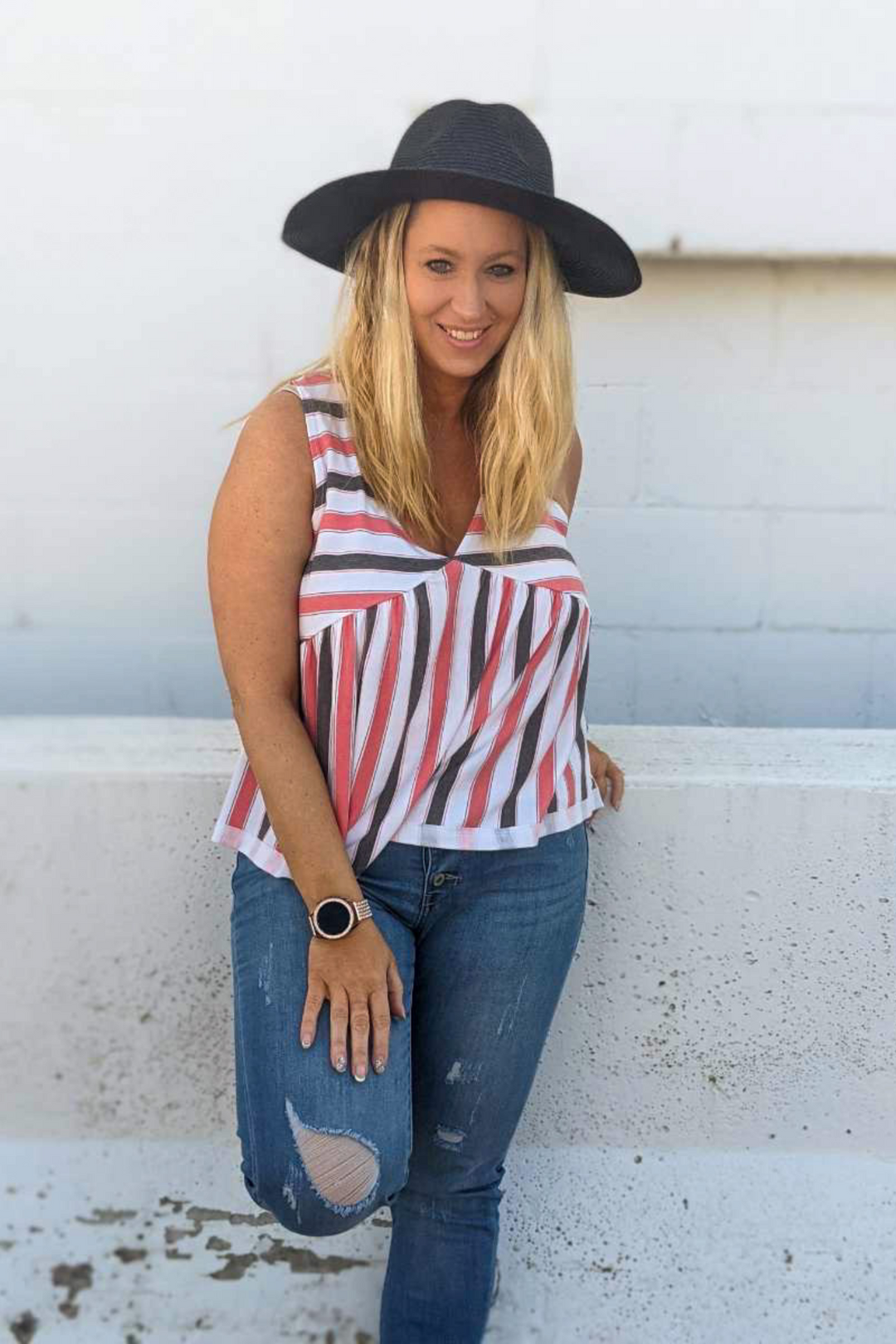 Red, White & Gray Striped V-neck Babydoll Sleeveless Tank. Soft fabric and long length perfect for Spring & Summer. 