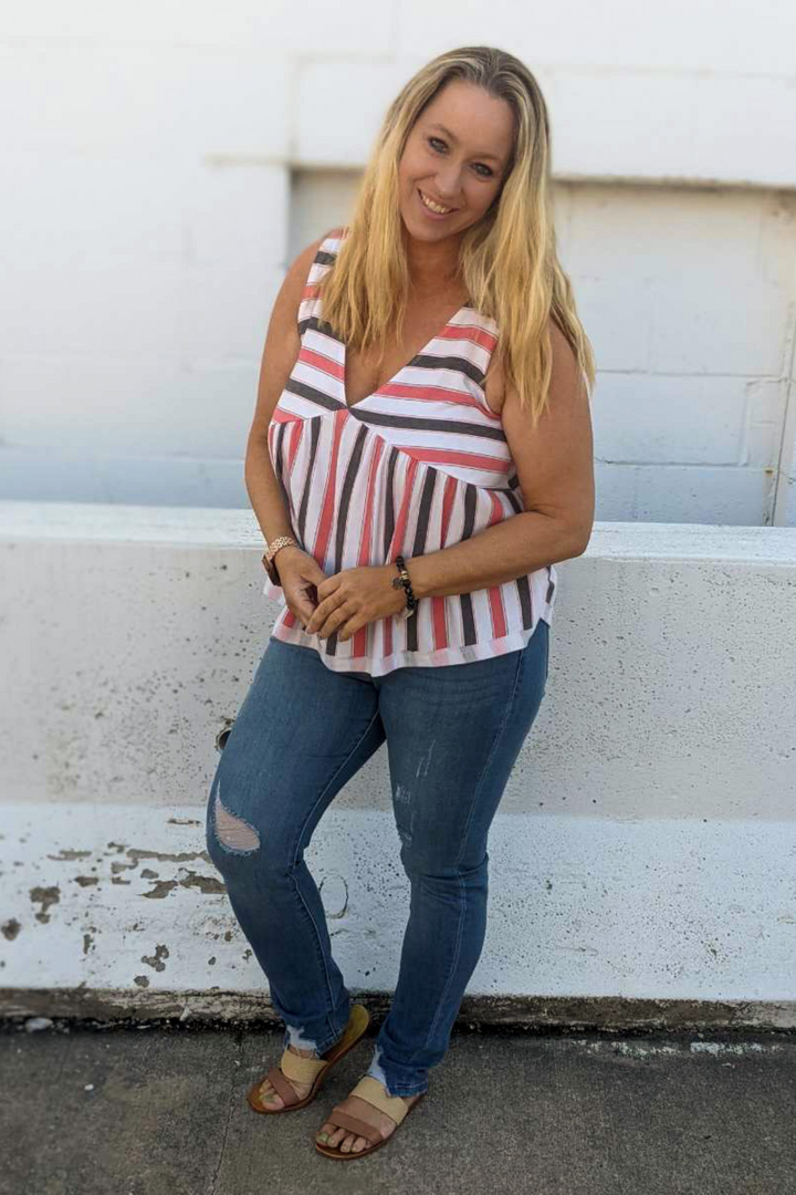 Red, White & Gray Striped V-neck Babydoll Sleeveless Tank. Soft fabric and long length perfect for Spring & Summer. 