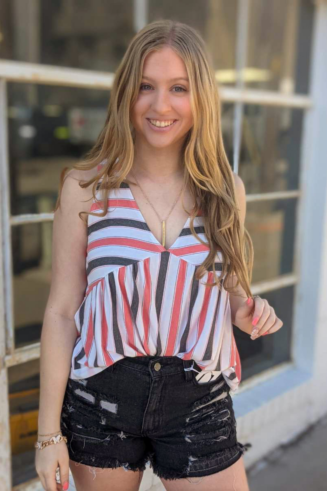 Red, White & Gray Striped V-neck Babydoll Sleeveless Tank. Soft fabric and long length perfect for Spring & Summer. 
