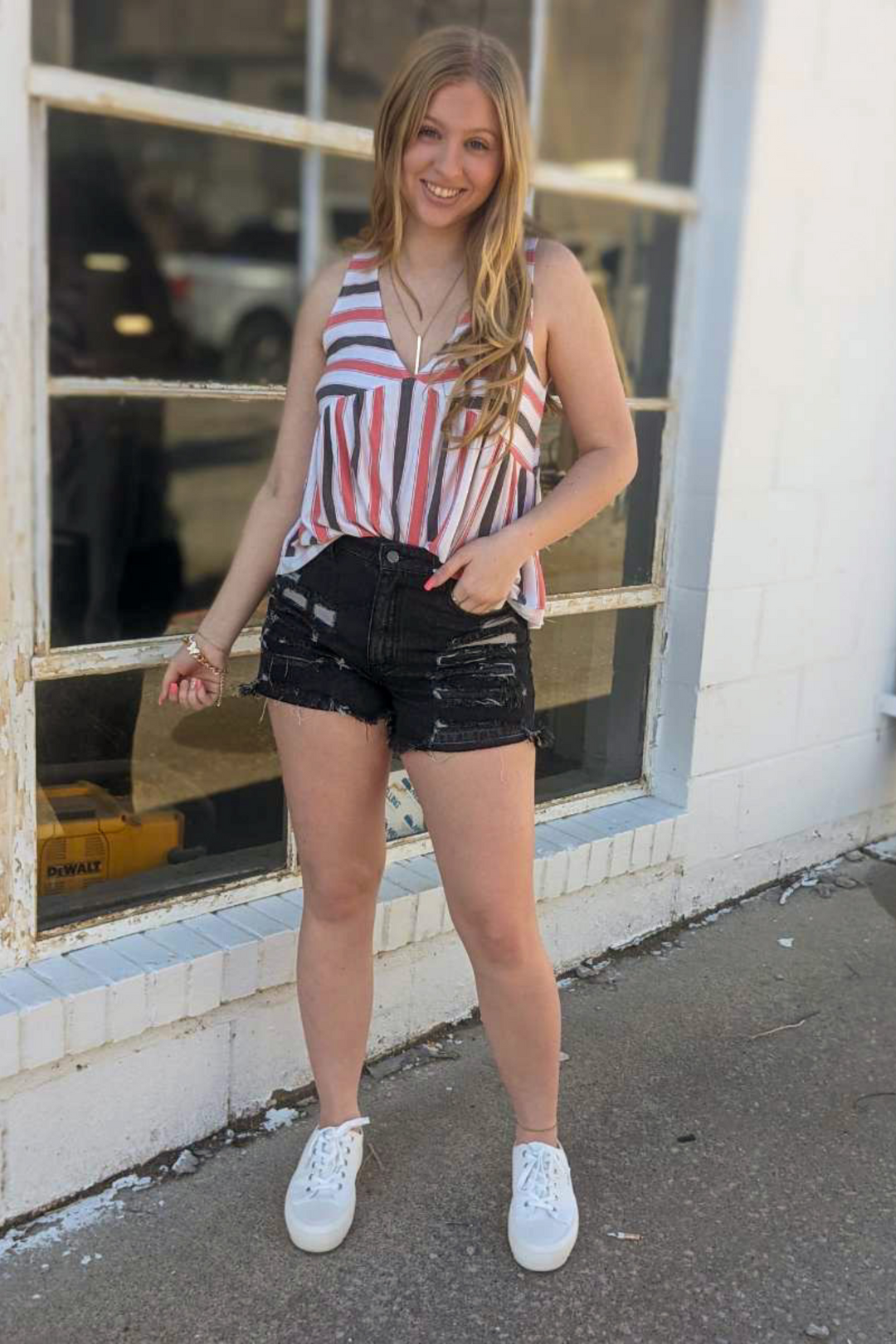 Red, White & Gray Striped V-neck Babydoll Sleeveless Tank. Soft fabric and long length perfect for Spring & Summer. 