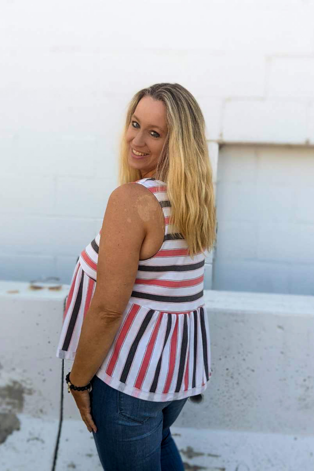 Red, White & Gray Striped V-neck Babydoll Sleeveless Tank. Soft fabric and long length perfect for Spring & Summer. 