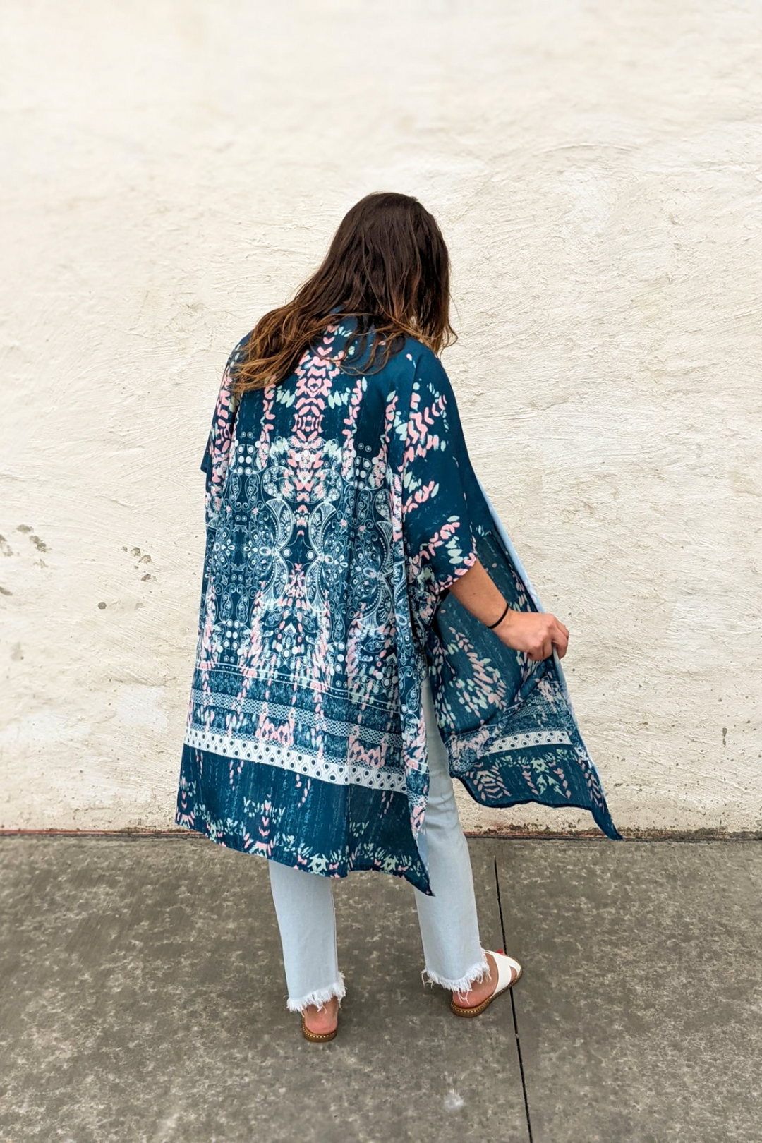 Boho Blue Floral Kimono Shawl with pink, white, green accent colors. Knee length, short sleeves and split sides. 