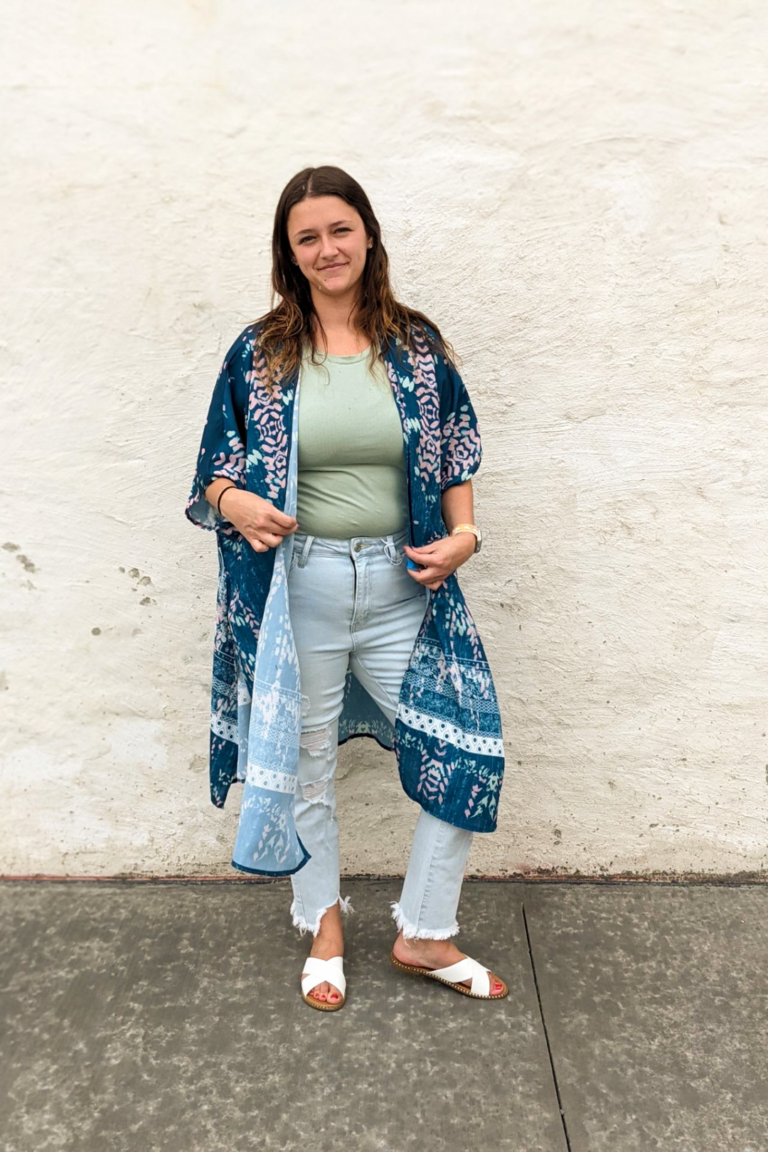 Boho Blue Floral Kimono Shawl with pink, white, green accent colors. Knee length, short sleeves and split sides. 