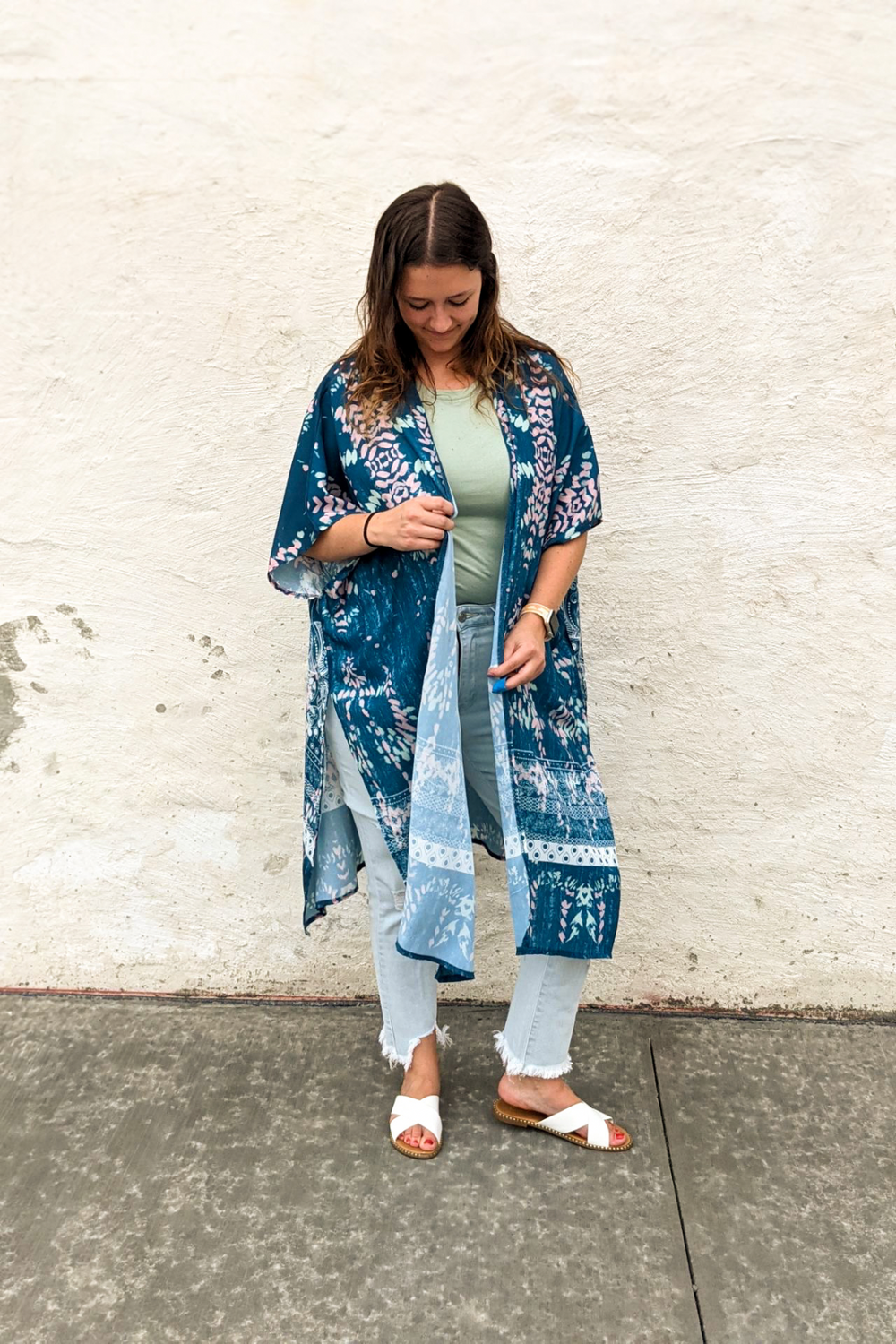 Boho Blue Floral Kimono Shawl with pink, white, green accent colors. Knee length, short sleeves and split sides. 