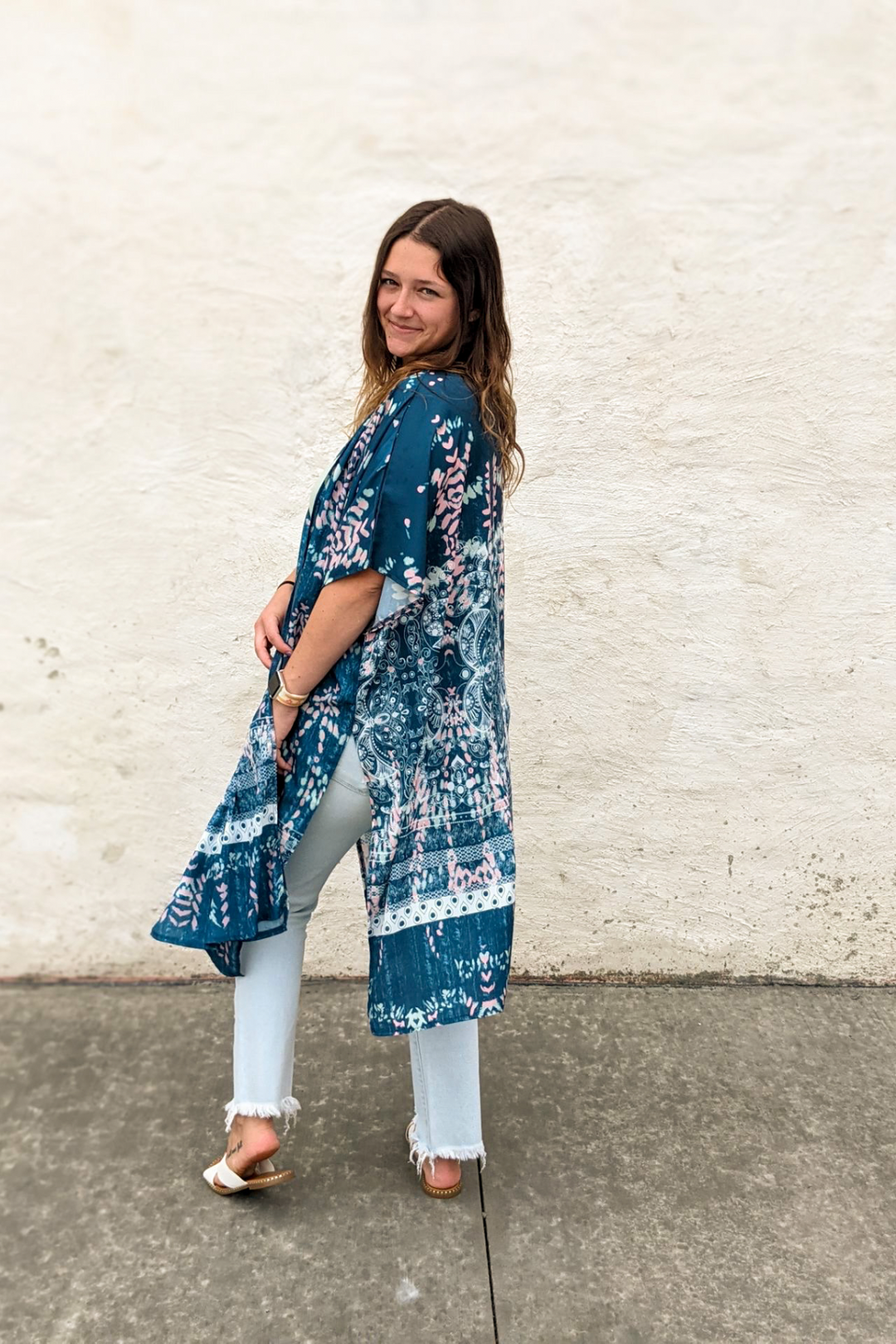 Boho Blue Floral Kimono Shawl with pink, white, green accent colors. Knee length, short sleeves and split sides. 