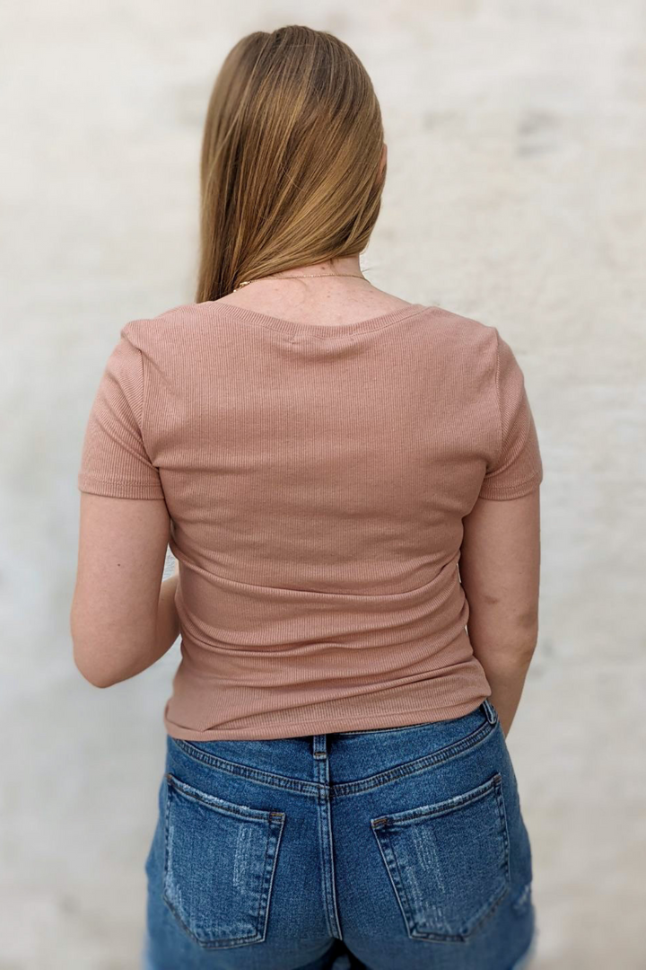 Basic Everyday Ribbed Scoop Round Neck Short Sleeve top. Perfect for layering and all seasons with stretchable material.