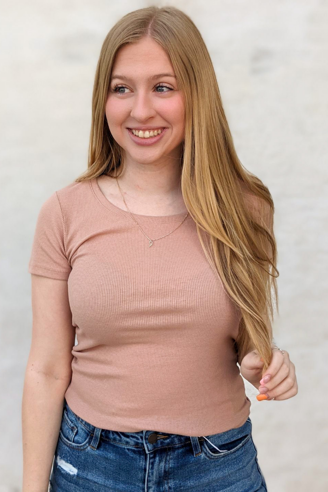Basic Everyday Ribbed Scoop Round Neck Short Sleeve top. Perfect for layering and all seasons with stretchable material.