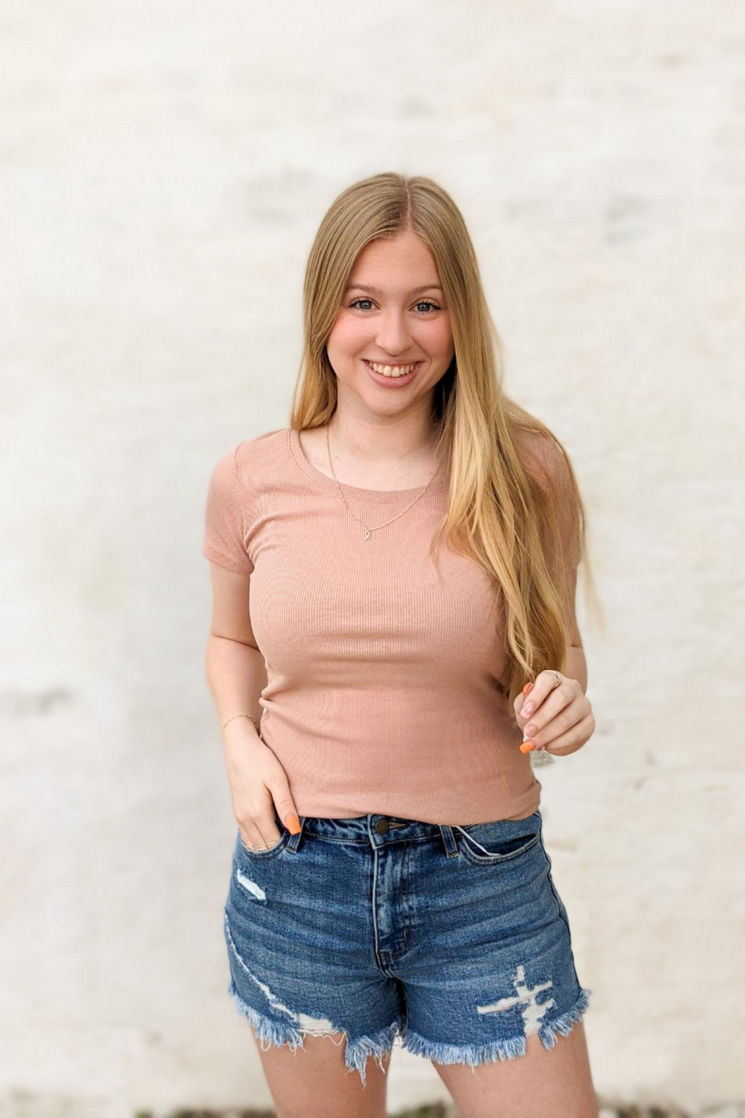 Basic Everyday Ribbed Scoop Round Neck Short Sleeve top. Perfect for layering and all seasons with stretchable material.