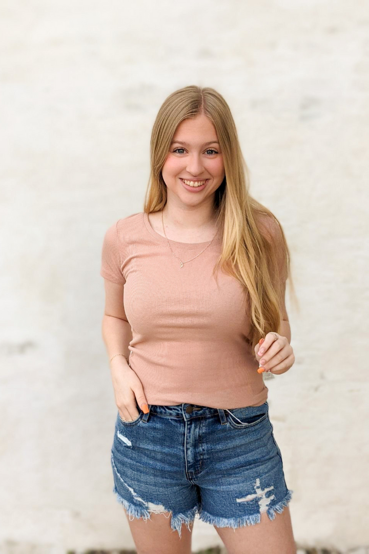Basic Everyday Ribbed Scoop Round Neck Short Sleeve top. Perfect for layering and all seasons with stretchable material.
