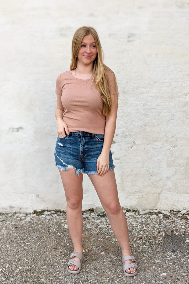 Basic Everyday Ribbed Scoop Round Neck Short Sleeve top. Perfect for layering and all seasons with stretchable material.