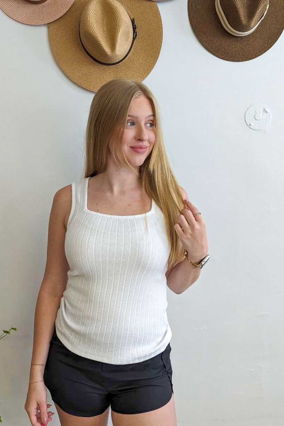 Heather Ribbed Sleeveless Tank Top with Square Neck, Off White, Soft, Bright Spring Color with Medium Length Top