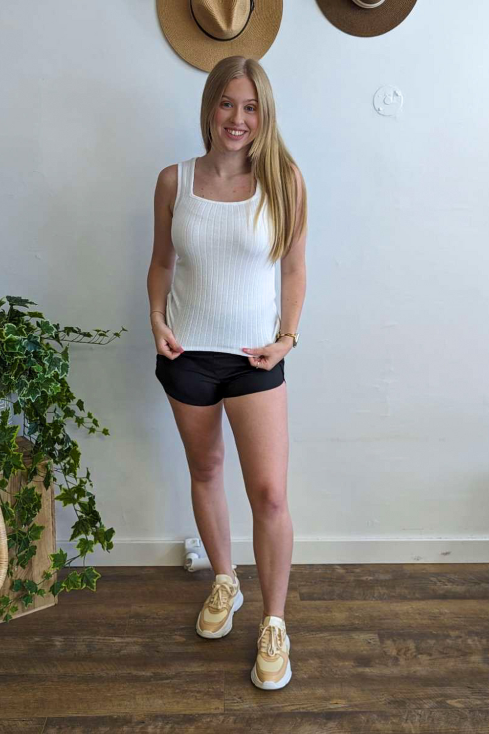 Heather Ribbed Sleeveless Tank Top with Square Neck, Off White, Soft, Bright Spring Color with Medium Length Top