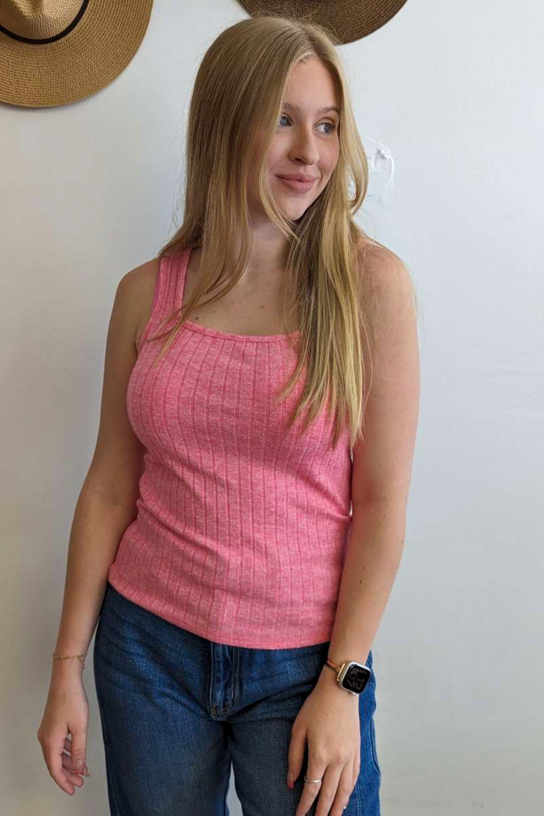 Heather Ribbed Sleeveless Tank Top with Square Neck, Pink/Magenta, Soft, Bright Spring Color with Medium Length Top