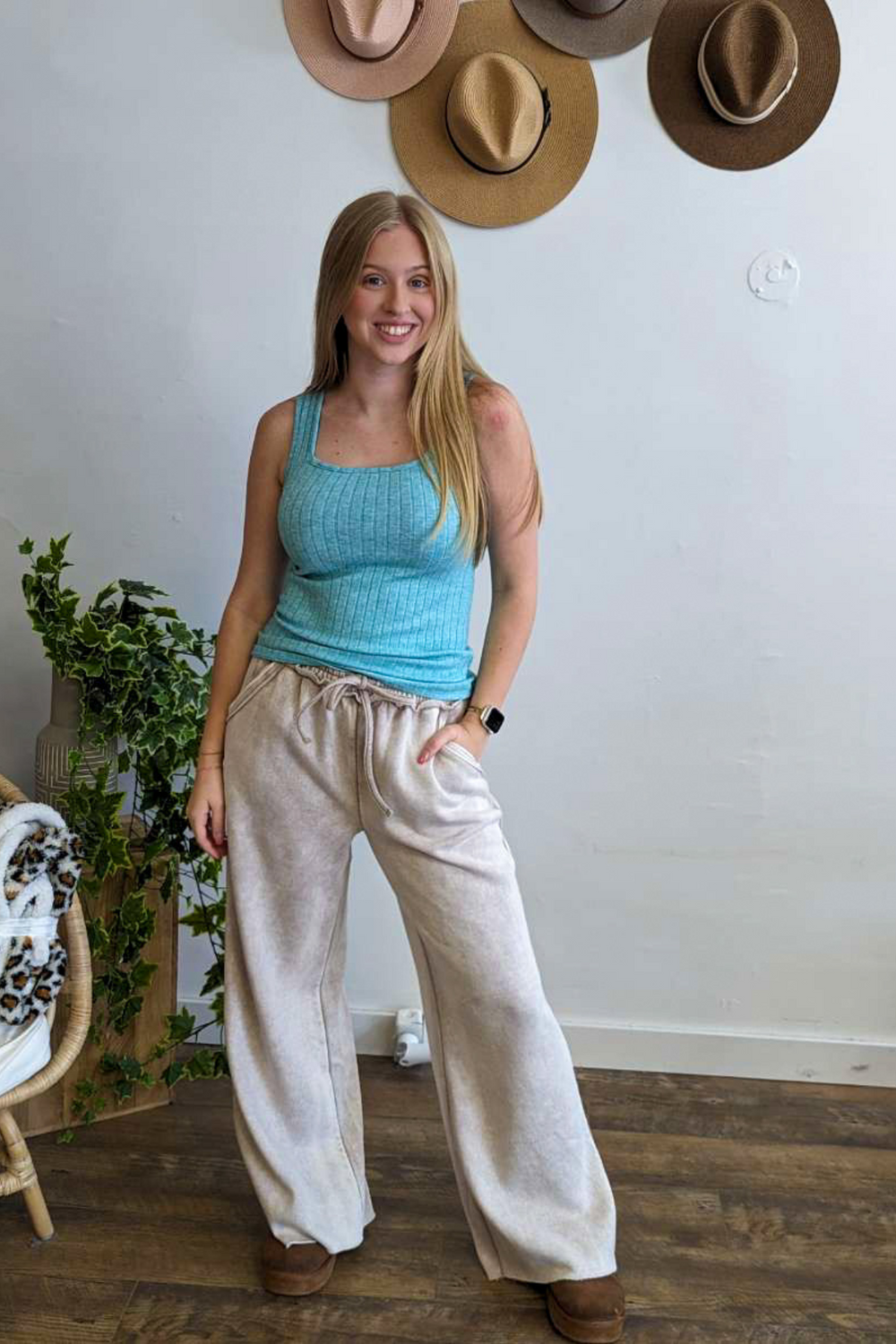 Heather Ribbed Sleeveless Tank Top with Square Neck, Turquois, Soft, Bright Spring Color with Medium Length Top