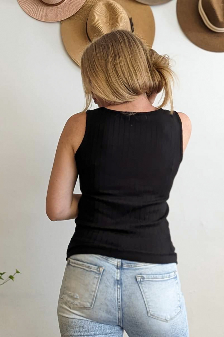 Heather Ribbed Sleeveless Tank Top with Square Neck, Black, Soft, Bright Spring Color with Medium Length Top