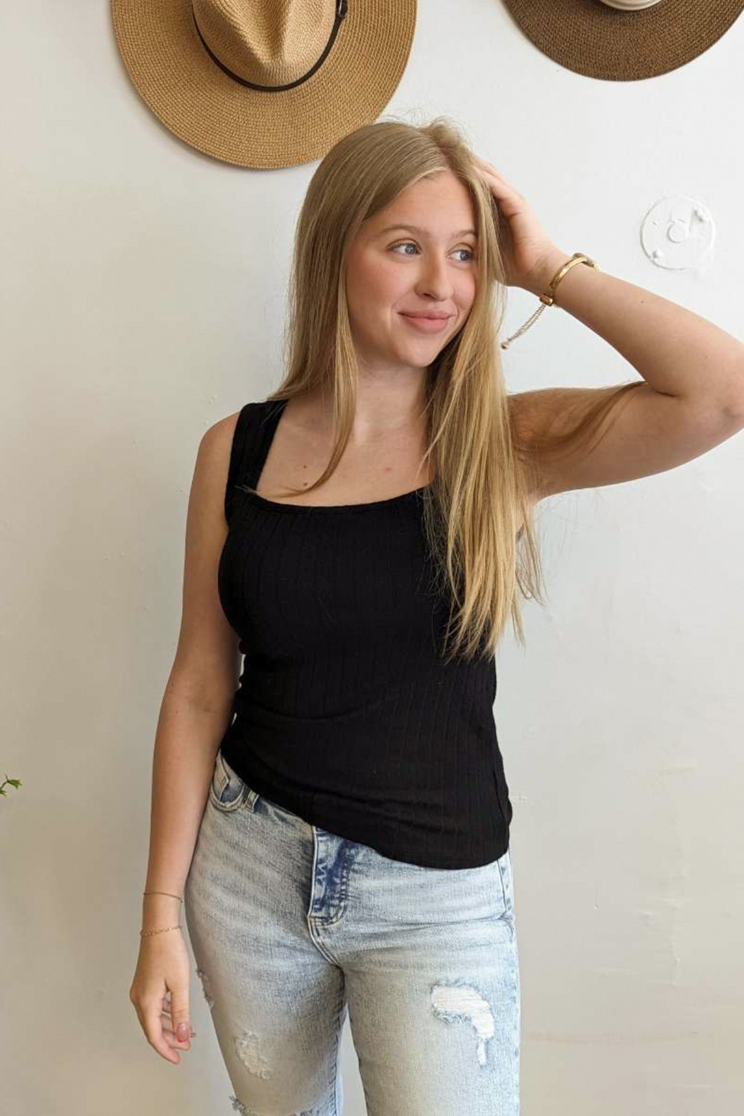Heather Ribbed Sleeveless Tank Top with Square Neck, Black, Soft, Bright Spring Color with Medium Length Top