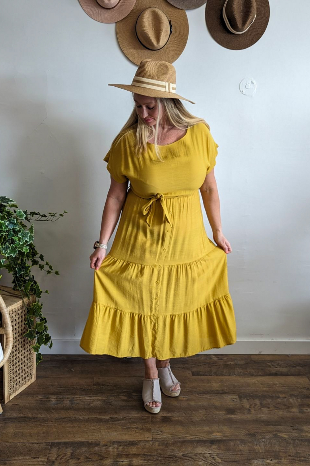 ruffle front tie maxi dress in yellow Can't Deny My Love Dress L