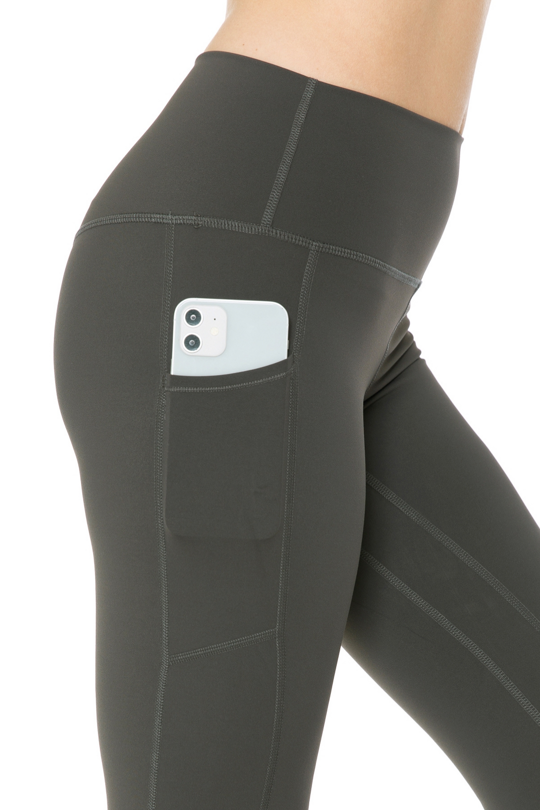 Full length buttery soft leggings with side pocket for phone and inside waist band pocket with 5" waist band. 25" inseam