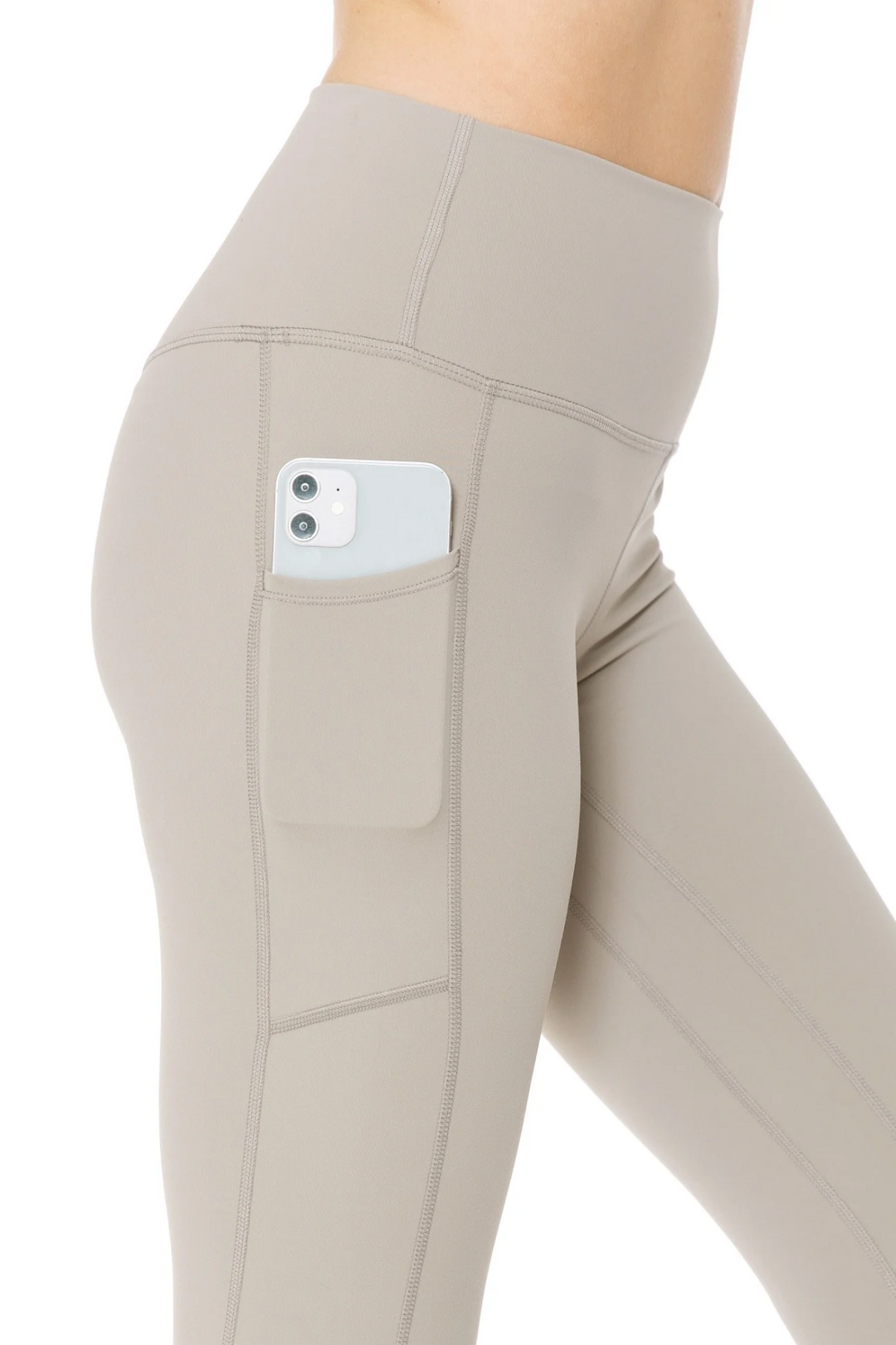 Full length buttery soft leggings with side pocket for phone and inside waist band pocket with 5" waist band. 25% Inseam 