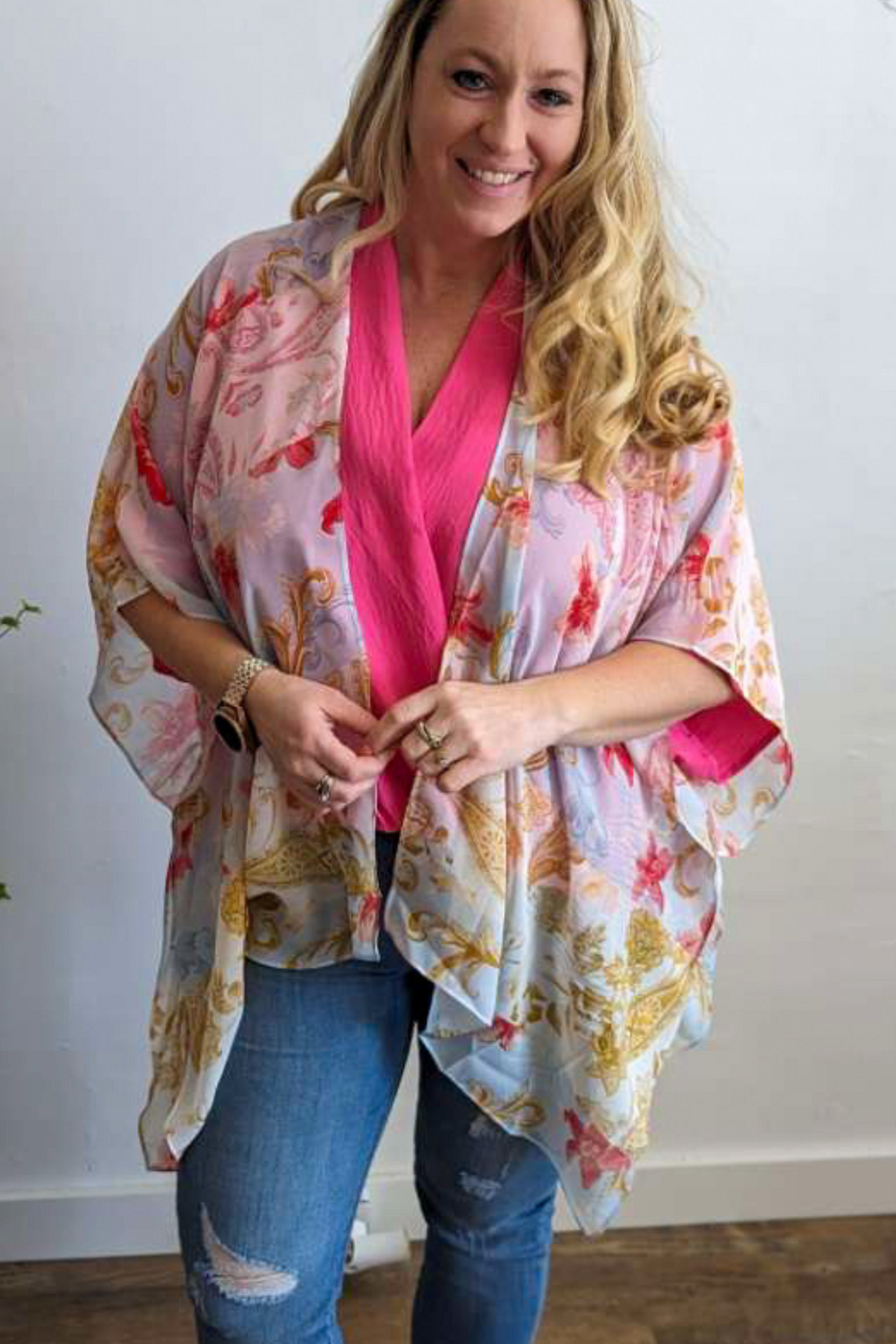 Boho Paradise Awaits Kimono with Blue, Red, and Yellow flowers and accents. Light weight with slit sides