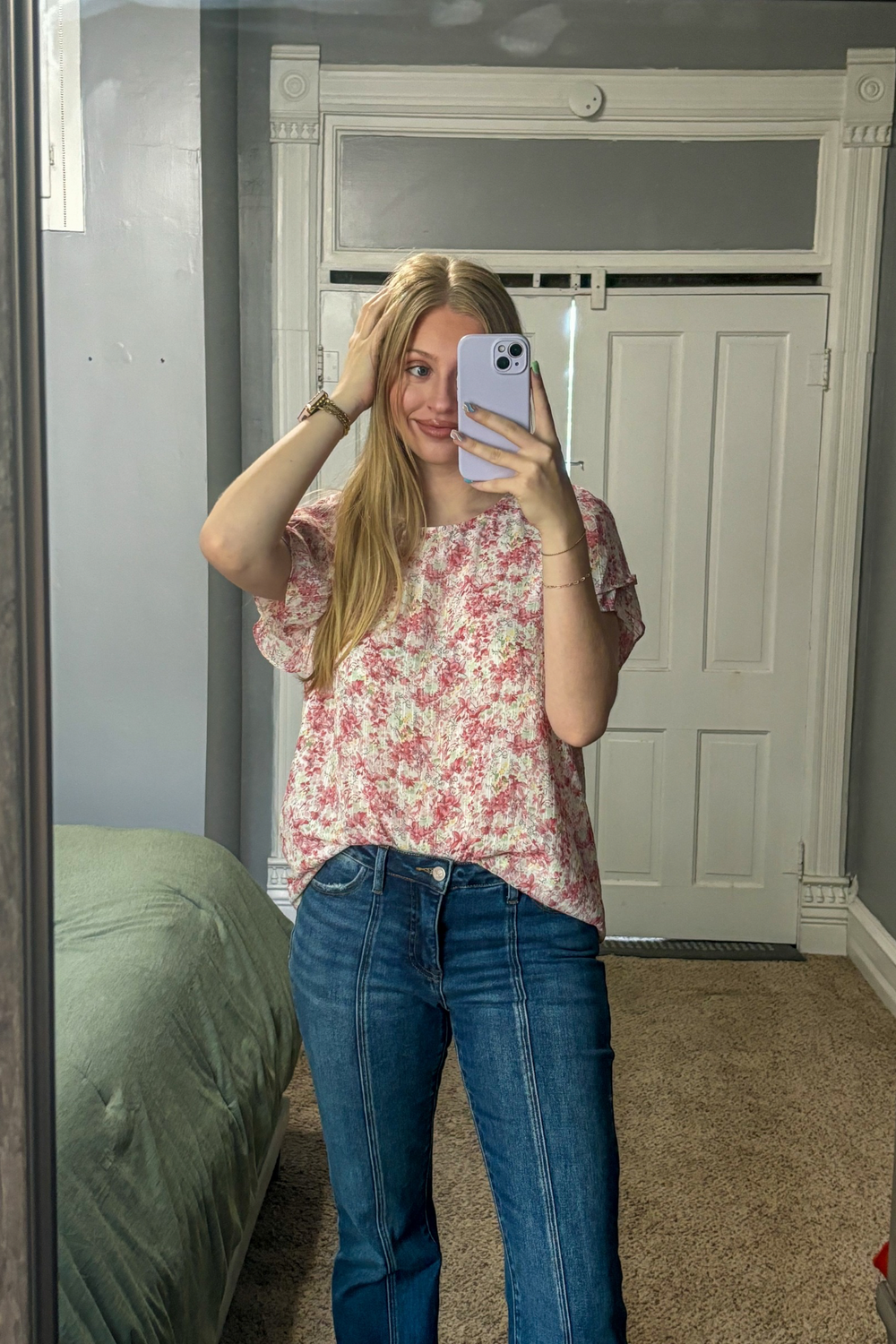 Pink Floral Tulip Short Sleeve Top with Keyhole Back. Long length and lined perfect for any season. 