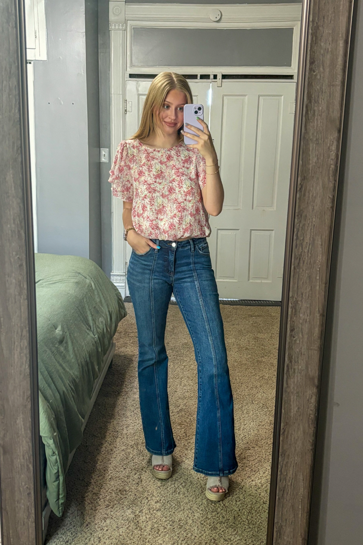 Pink Floral Tulip Short Sleeve Top with Keyhole Back. Long length and lined perfect for any season. 