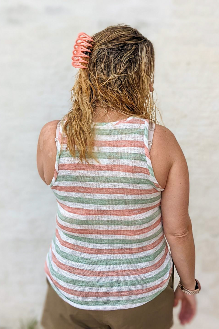 Stripped Knit Tank Top, crew neck, medium length top. Pink, Green, White strips. Perfect for Spring and Summer.
