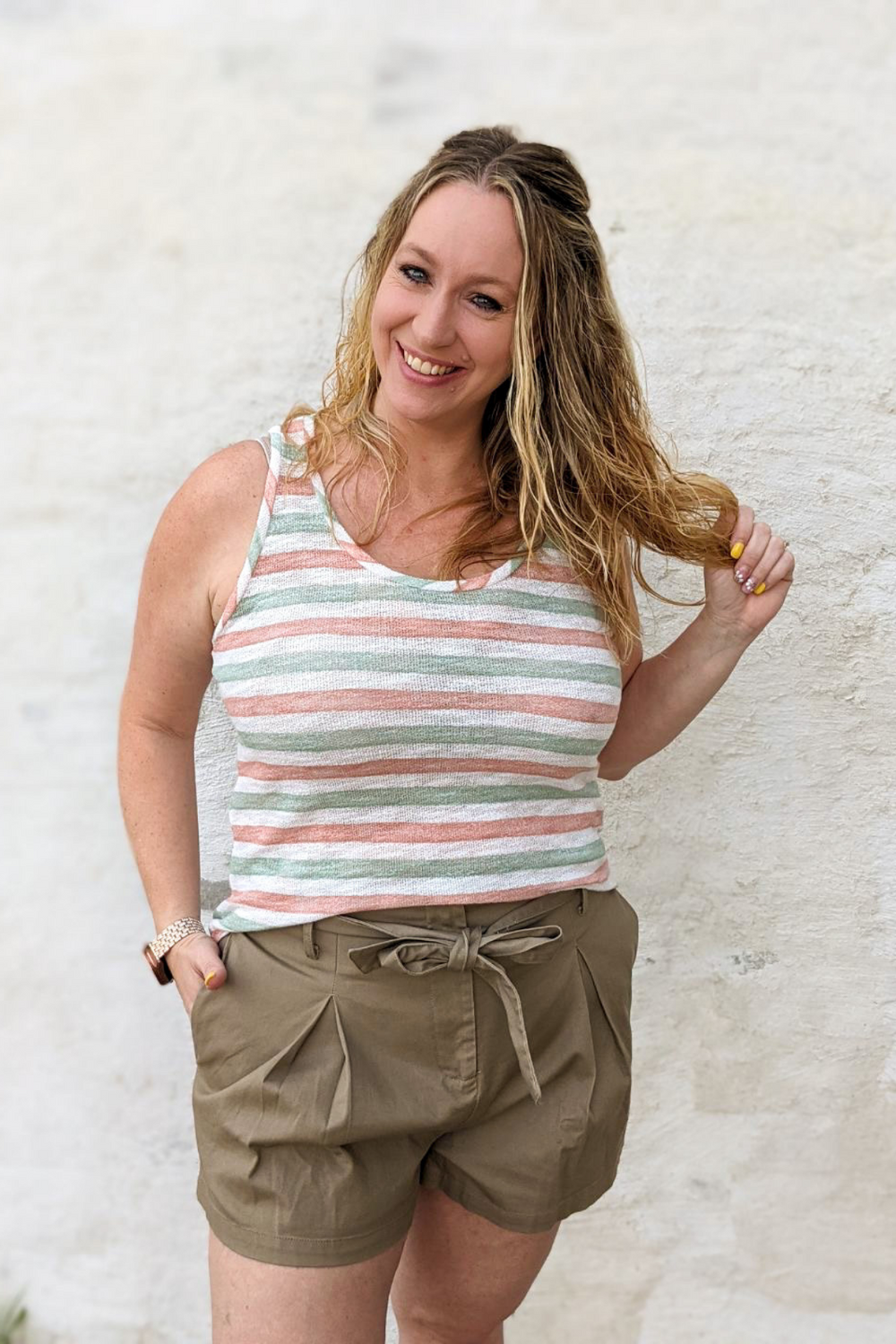 Stripped Knit Tank Top, crew neck, medium length top. Pink, Green, White strips. Perfect for Spring and Summer.