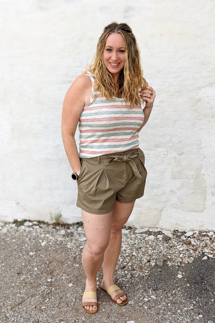 Stripped Knit Tank Top, crew neck, medium length top. Pink, Green, White strips. Perfect for Spring and Summer.