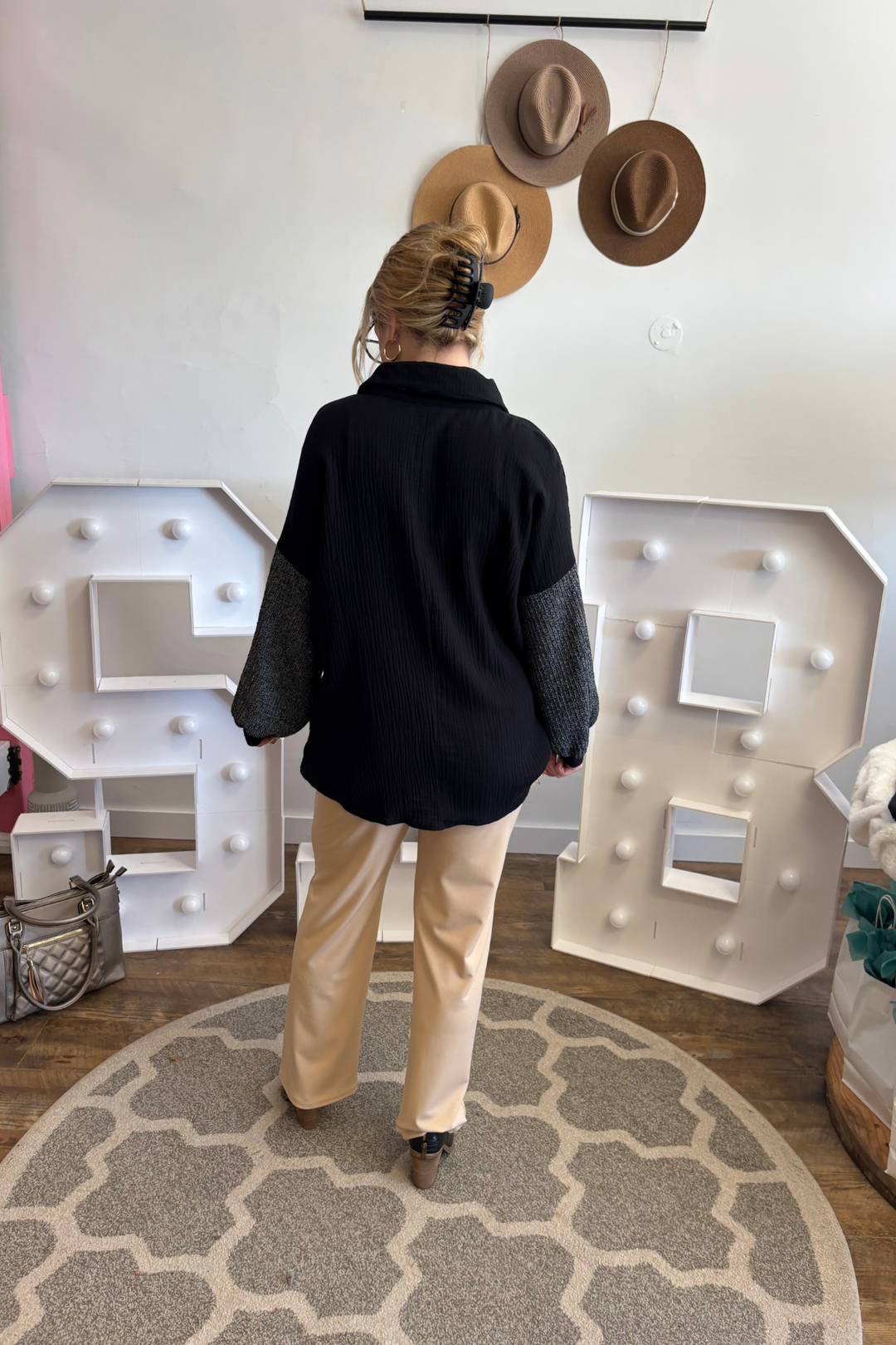 Khaki Relaxed Fit High Waist Elastic, Stretchy Waist band Knit Crepe Fabric Tailored Look with 4 Gold Button Accessories. Functional Back Pockets
