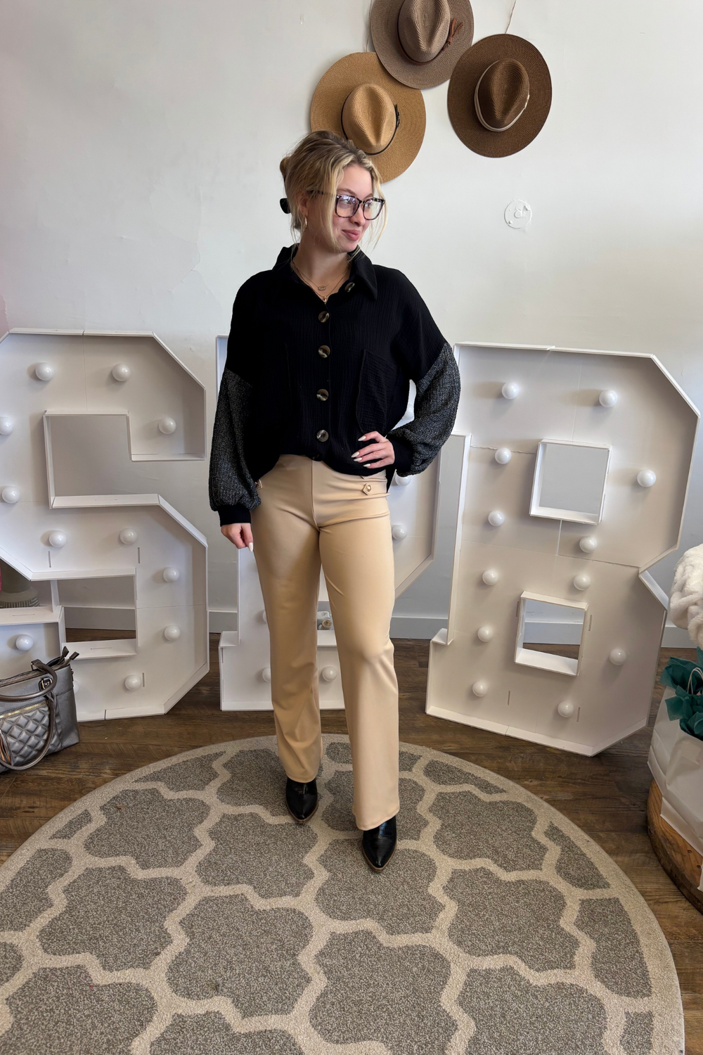 Khaki Relaxed Fit High Waist Elastic, Stretchy Waist band Knit Crepe Fabric Tailored Look with 4 Gold Button Accessories. Functional Back Pockets