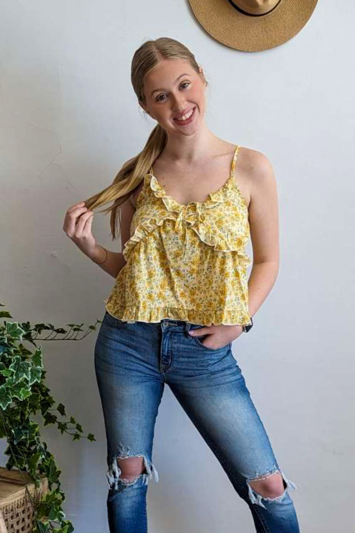 Yellow Floral Spaghetti Strap Top with Ruffles and Decorative Tie Perfect for Summer and Spring with Adjustable Straps.