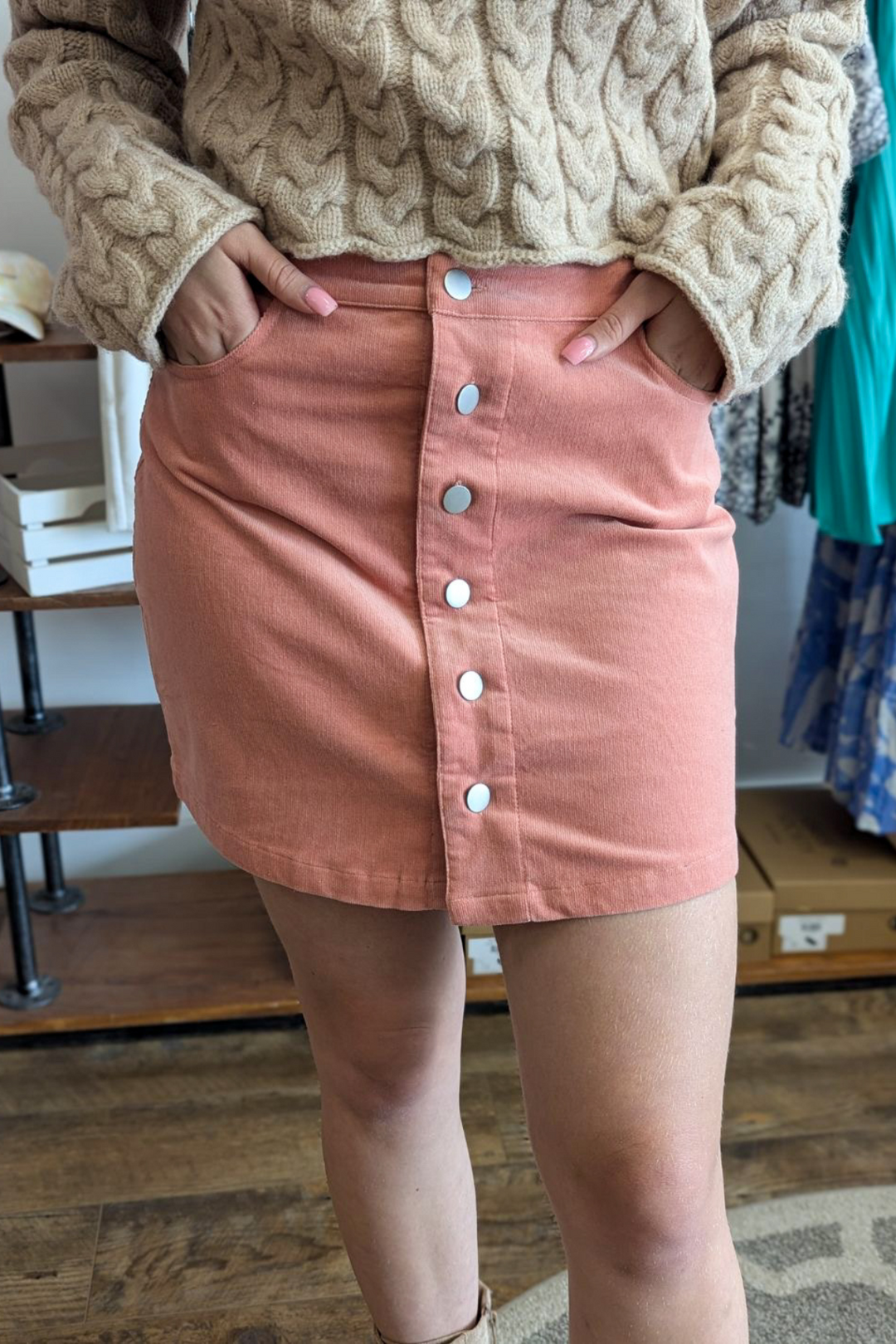 Pink/Salmon Corduroy Front Button Down Mini Skirt with Pockets