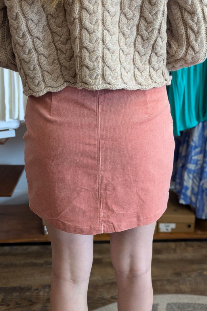 Pink/Salmon Corduroy Front Button Down Mini Skirt with Pockets