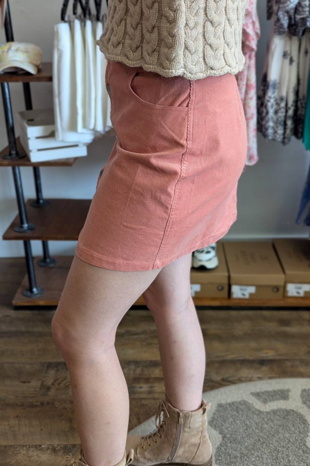 Pink/Salmon Corduroy Front Button Down Mini Skirt with Pockets