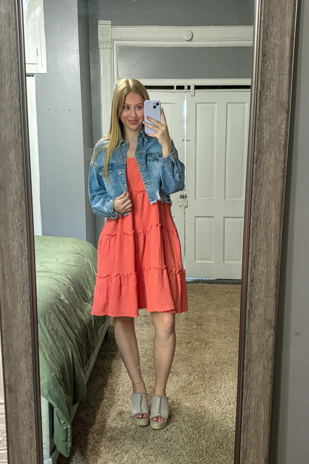 Womens Coral Sleeveless Knit Jacquard Tiered Dress with pockets. Perfect for Spring and Summer.