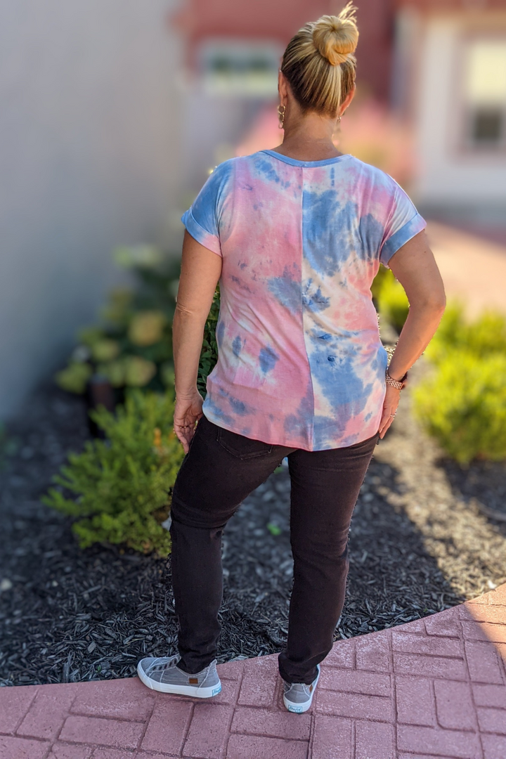 Bright Blue and Pink Tie Dye Tee with round neck and short sleeves. So soft and stretchy perfect for Spring and Summer.