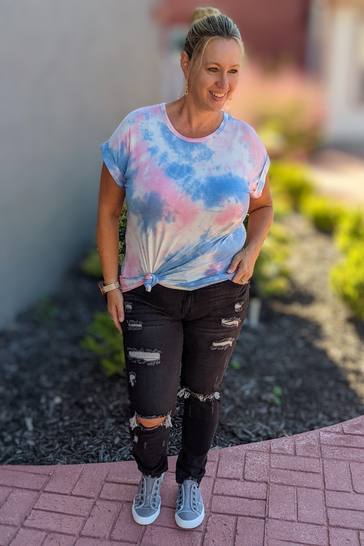 Bright Blue and Pink Tie Dye Tee with round neck and short sleeves. So soft and stretchy perfect for Spring and Summer.