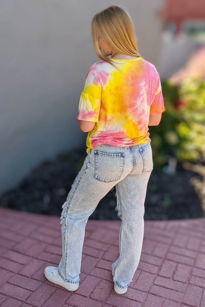 Bright Pink and Yellow Tie Dye Tee with round neck and short sleeves. So soft and stretchy perfect for Spring and Summer.