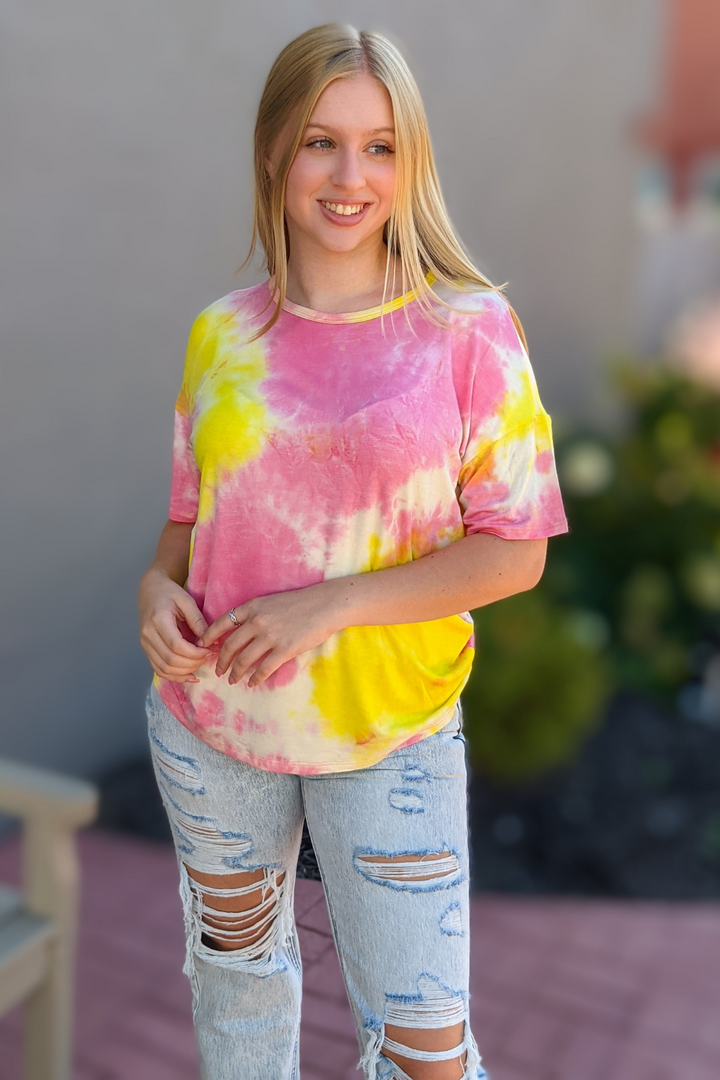 Bright Pink and Yellow Tie Dye Tee with round neck and short sleeves. So soft and stretchy perfect for Spring and Summer.