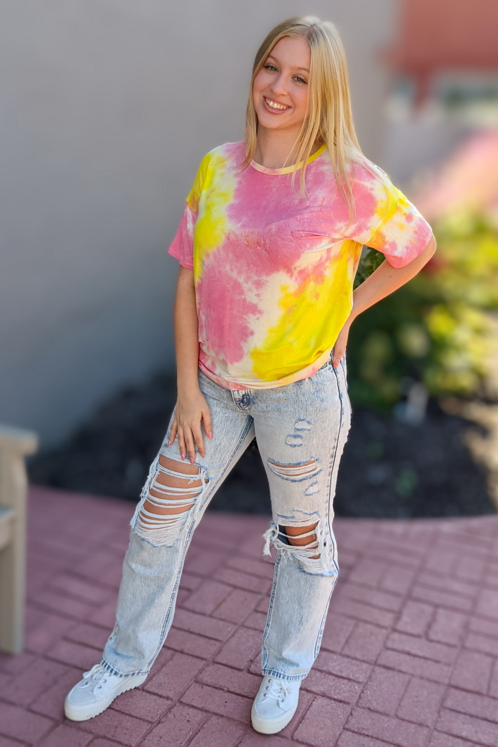 Bright Pink and Yellow Tie Dye Tee with round neck and short sleeves. So soft and stretchy perfect for Spring and Summer.
