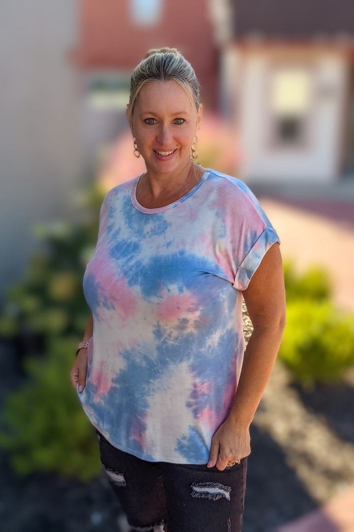 Bright Blue and Pink Tie Dye Tee with round neck and short sleeves. So soft and stretchy perfect for Spring and Summer.