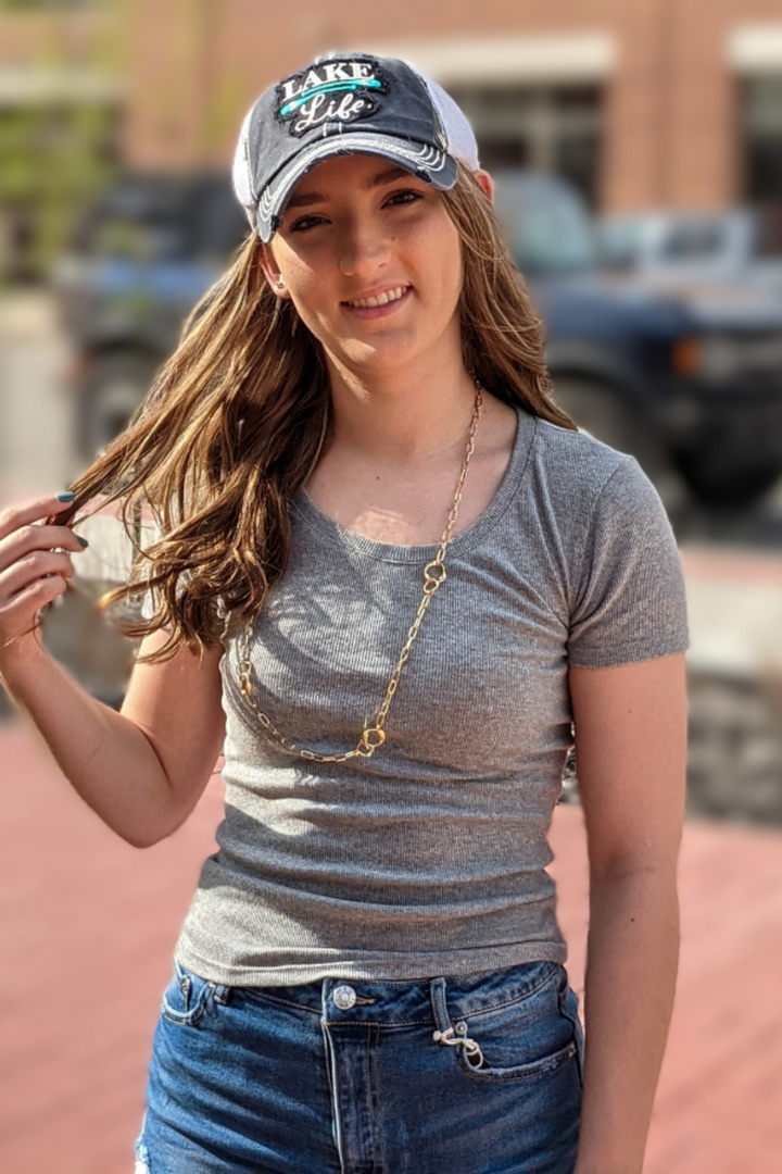 Scoop Neck Rib short sleeve active basic top. Fitted stretchable fabric perfect for layering and all seasons. 