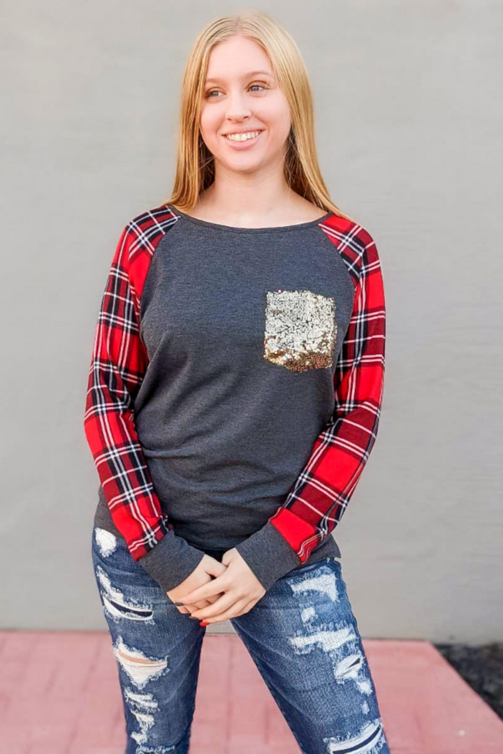 Sequined Pocket Plaid Top - Red